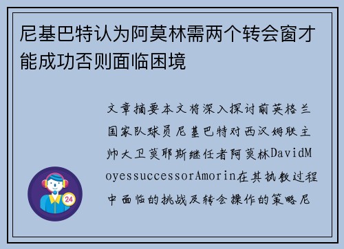 尼基巴特认为阿莫林需两个转会窗才能成功否则面临困境