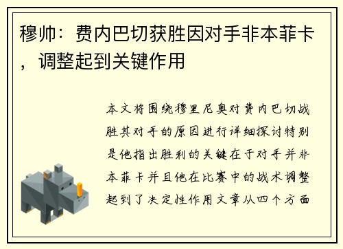 穆帅：费内巴切获胜因对手非本菲卡，调整起到关键作用
